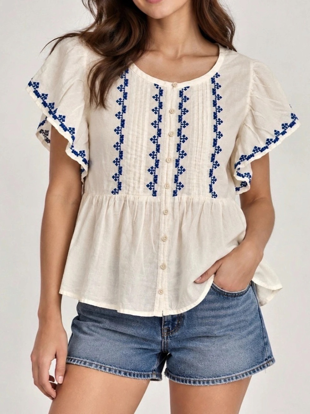 American Eagle AE Flutter-Sleeve Embroidered Top White & Blue XS